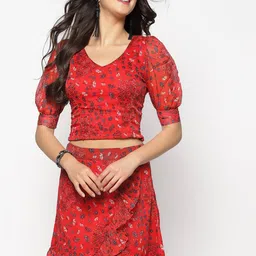 Sera Red Floral Printed V-Neck Puff Sleeves Ruffles Casual Crop Top With Skirt-picture-55