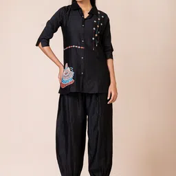 SARSO Ethnic Motifs Embroidered Spread Collar Thread Work Pure Cotton Shirt With Salwar-picture-23