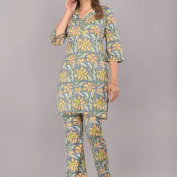 KANNAHI Shirt Collar Floral Printed Regular Pure Cotton Kurta with Trouser-picture-49