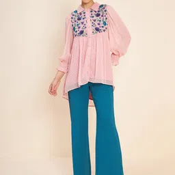Antheaa Pink Self Design Embroidered Top & Palazzos-image-2