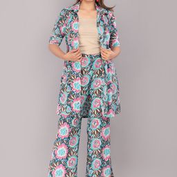 KANNAHI Floral Printed Shirt Collar Pure Cotton Tunic & Trousers-picture-11