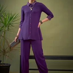 Shae by SASSAFRAS Purple Embroidered Shirt With Palazzos Co-Ords-image-98