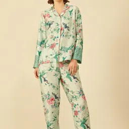 DUSK ATTIRE Floral Printed Lapel Collar Shirt & Mid-Rise Pyjamas-image-14