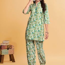 Anouk Cream-Coloured Floral Printed Mandarin Collar Regular Kurta with Salwar-22