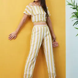 Globus Women Yellow Striped Off-Shoulder Co-Ord Set With Top & Palazzo-picture-23