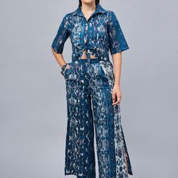 WineRed Abstract Printed Front Knot Pure Cotton Crop Shirt With Flared Pant-5