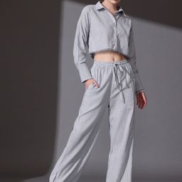 STREET 9 Striped Pure Cotton Shirt With Flared Palazzos Co-Ords-picture-44