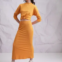 Tokyo Talkies Yellow Ribbed Top With Maxi Skirt-image-11