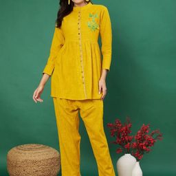 Aaheli Floral Embroidered Mandarin Collar Gathered Pure Cotton Tunic With Trousers-picture-32