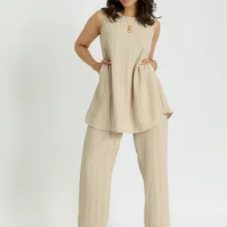 Alaya By Stage3 Cairo French Vanilla Self Design Round Neck Sleveless Tunic & Trousers-picture-45