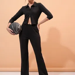 Tokyo Talkies Ribbed Shirt Collar Top With Flared Trouser-image-12