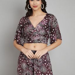VELDRESS Women Conversational Print V-Neck Flared Sleeves Empire Top & Shorts Co-Ords-24