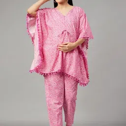 Aaheli Bandhani Printed V-Neck Maternity Pure Cotton Kaftan Top With Trousers-picture-22