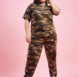 AUSTIVO Plus Size Camouflage Printed Round Neck T-Shirt With Flared Joggers  Co-Ords-1