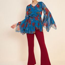 Antheaa Blue Floral Printed V-Neck Flared Sleeve Pleated Co-Ords-picture-44