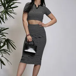 Sera Basics Striped Notched Neck Short Sleeves Top & Skirt-picture-47