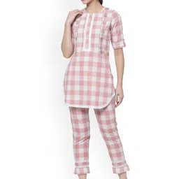 KALINI Ruhafza Gingham Checked Pure Cotton Top With Trousers-image-80