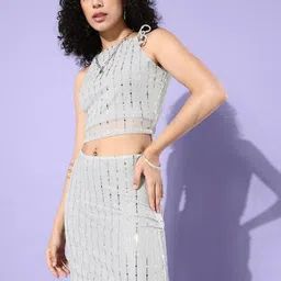 Sera Women Grey & Silver Coloured Solid Sequined Co-Ords-image-24