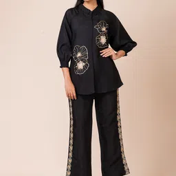 SARSO Floral Embroidered Shirt Collar Tunic With Palazzos-image-9