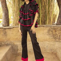 JORASA Self Design Shirt Collar Top With Trousers-image-25