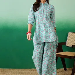 Sangria Blue Floral Printed Pure Cotton Shirt Frill Collar Tunic With Palazzos-picture-51
