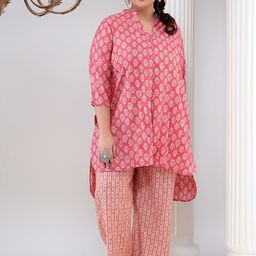 Bani Women Plus Size Floral Printed Mandarin Collar High-Low Shirt With Palazzos-image-40