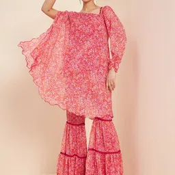 Antheaa Pink Floral Printed A-Line Kurta With Sharara-1