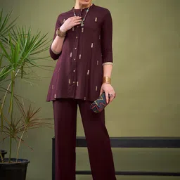 Shae by SASSAFRAS Burgundy Embroidered Tunic With Trouser Ethnic Co-Ords-picture-25