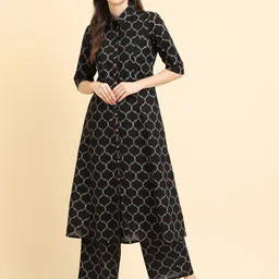 Varanga Black Geometric Printed Shirt Collar Longline Tunic With Trouser-image-25