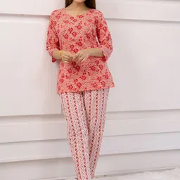 RANGREAL Floral Printed Pure Cotton Top & Pyjama Night Suit-image-22