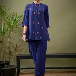 Shae by SASSAFRAS Blue Embroidered Shirt With Palazzos Co-Ords-picture-41