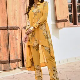 PALAK & MEHAK Floral Printed Shirt Collar Cuffed Sleeves Asymmetric Tunic With Palazzos-picture-40