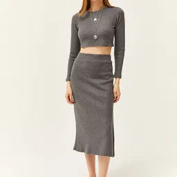 Olalook Ribbed Striped  Round-Neck Top & Skirt Cotton Co-Ords-picture-39