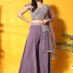 Chhabra 555 Embroidered Cold-Shoulder Crop Top & Trousers with Dupatta-picture-36
