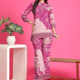 Claura Printed Chanderi Silk Tunic & Trousers-2