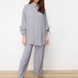 Trendyol Textured Self Design Spread Collar Tie-Up Detailed Casual Shirt With Trousers-image-27