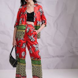 Tokyo Talkies Red Printed Lapel Collar Neck Blazer & Straight Trouser-image-2