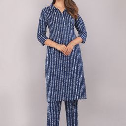 KANNAHI Shirt Collar Floral Printed Regular Pure Cotton Kurta with Trouser-image-25
