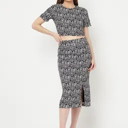 RAASSIO Women Black & White Abstract Printed Co-Ords Set-34