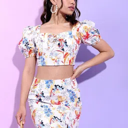 Tokyo Talkies Floral Printed Cropped Top And Buttoned Down Midi Skirt-image-86