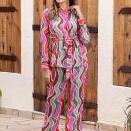 Ambraee Printed Waist Tie-Up Shirt With Trousers-picture-11