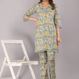 KANNAHI Floral Printed V-Neck Pure Cotton Tunic & Trousers-picture-51