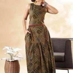 Anouk Olive Ethnic Motifs PrintedBoat Neck Pure Cotton Top With Skirt-image-45