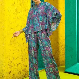 Zolo Label Ethnic Motif Printed Band Collar Extended Sleeve Shirt & Palazzos Co-Ords-picture-20
