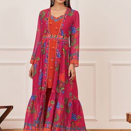 Rustorange Printed Ethnic Tunic With Trouser & Tiered Long Shrug-image-52