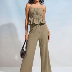 Tokyo Talkies Brown Striped Shoulder Straps Peplum Top With Trousers-14