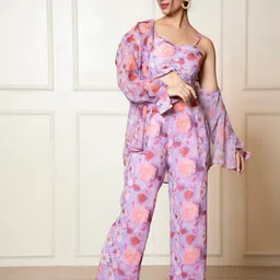 Urban Sundari Floral Printed Sweetheart Neck Top & Flared Palazzo With Shirt Co-Ords-picture-43