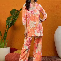 AHIKA Orange-Coloured Floral Printed Mandarin Collar Tunic With Trousers-image-12