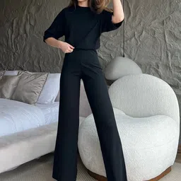 BIANCO LUCCI Ribbed Round Neck Extended Sleeves Longline Casual Top With Trousers-image-43