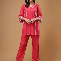 Bani Women Floral Embroidered V-Neck Lace Top & Flared Trouser-21